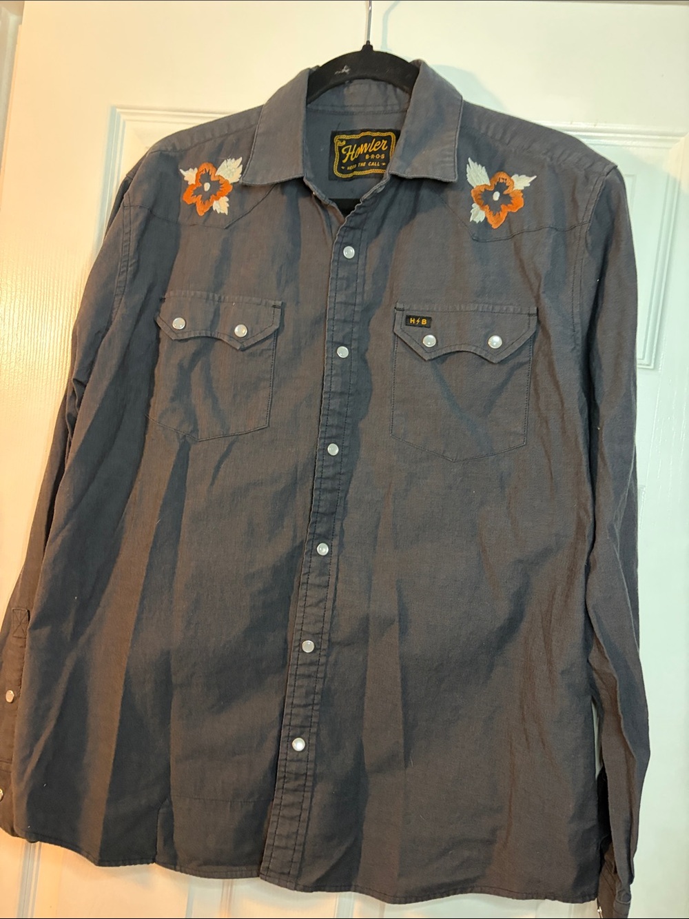 Howler Brothers Gray Button-Down Shirt with Orange Floral Embroidery